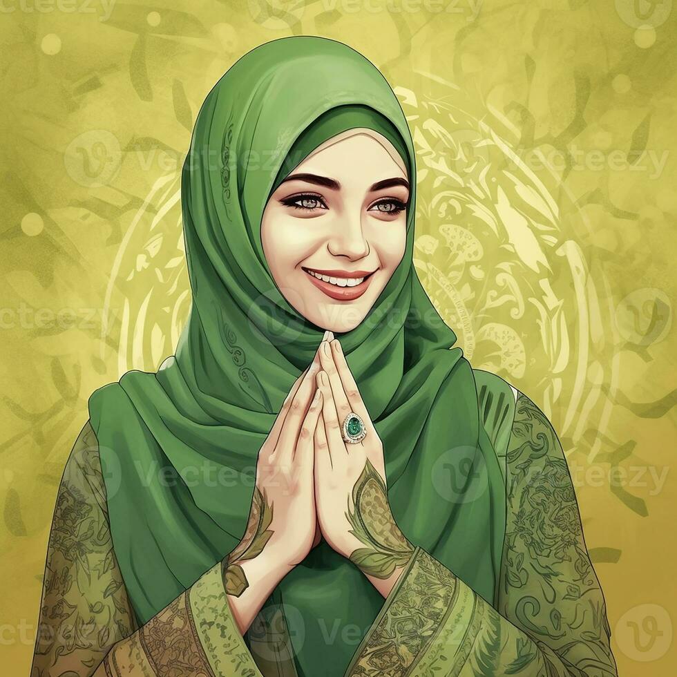 A Muslim smiling women wearing a green hijab in Ramadan kareem. Generate Ai photo