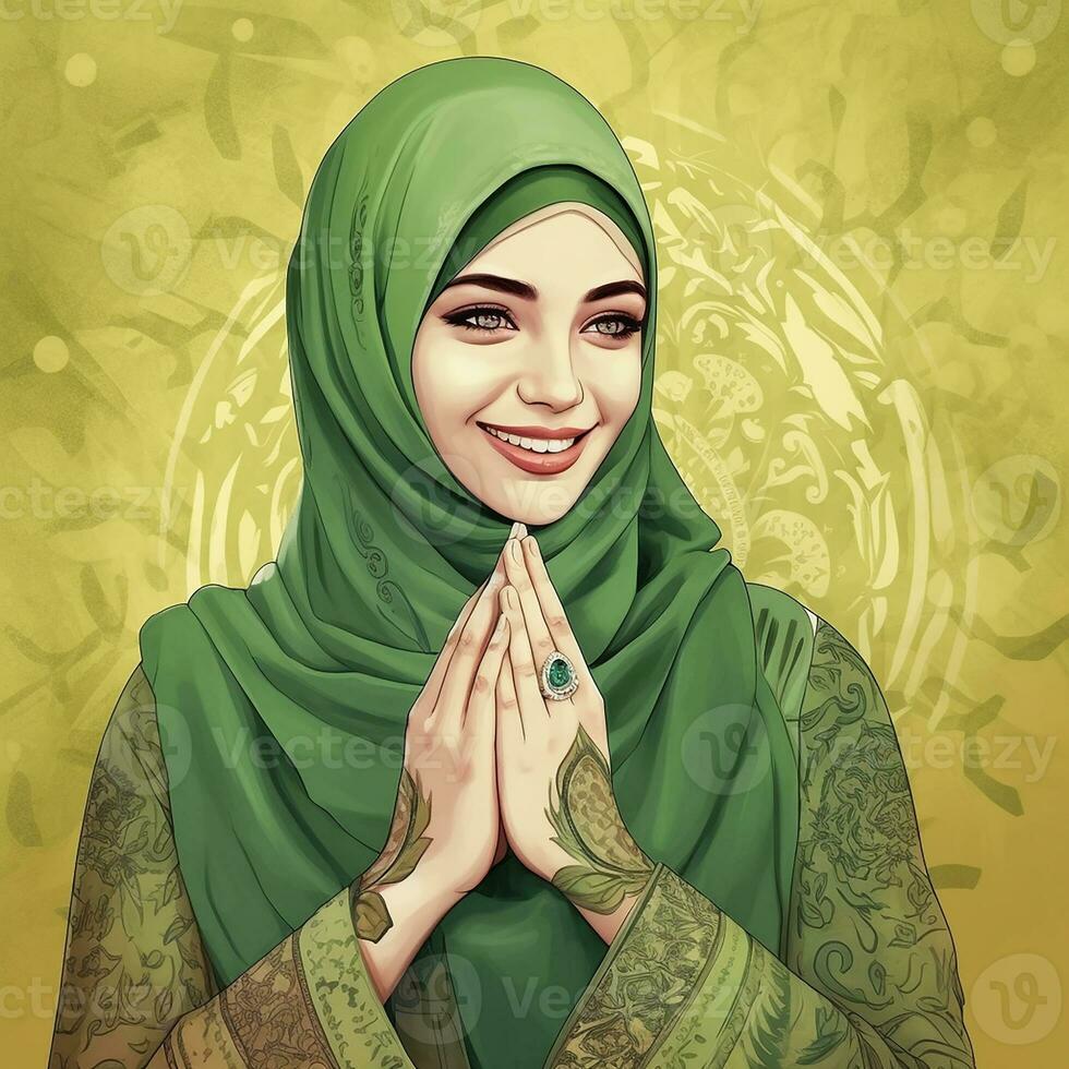 un musulmán sonriente mujer vistiendo un verde hijab en Ramadán kareem generar ai foto