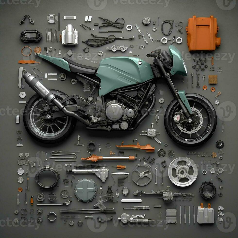 the Tosca motorbike spare part on the top view camera angle. Generate Ai photo