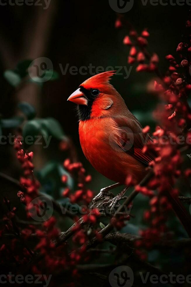 The close-up red beautiful cardinal bird in the forest photo