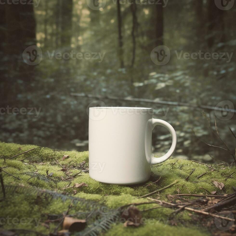 a blank white mug in forest. Generate Ai photo