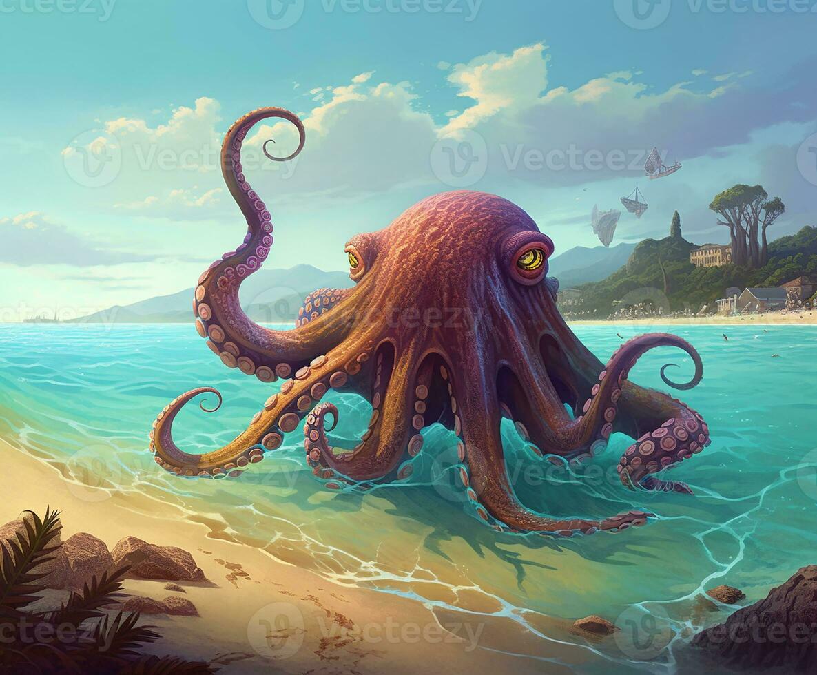 The red giant octopus on the beach alone. Generate Ai photo