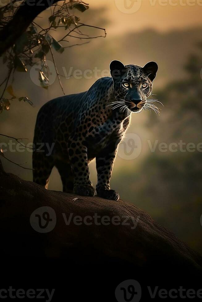 a black panther is looking for prey in the forest photo