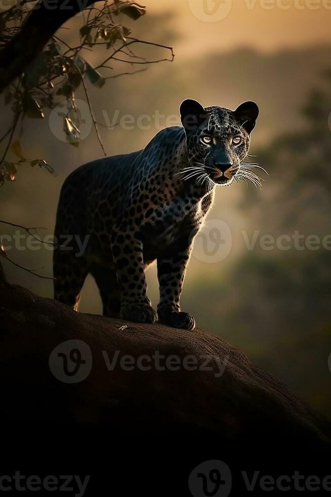 un negro pantera es mirando para presa en el bosque foto