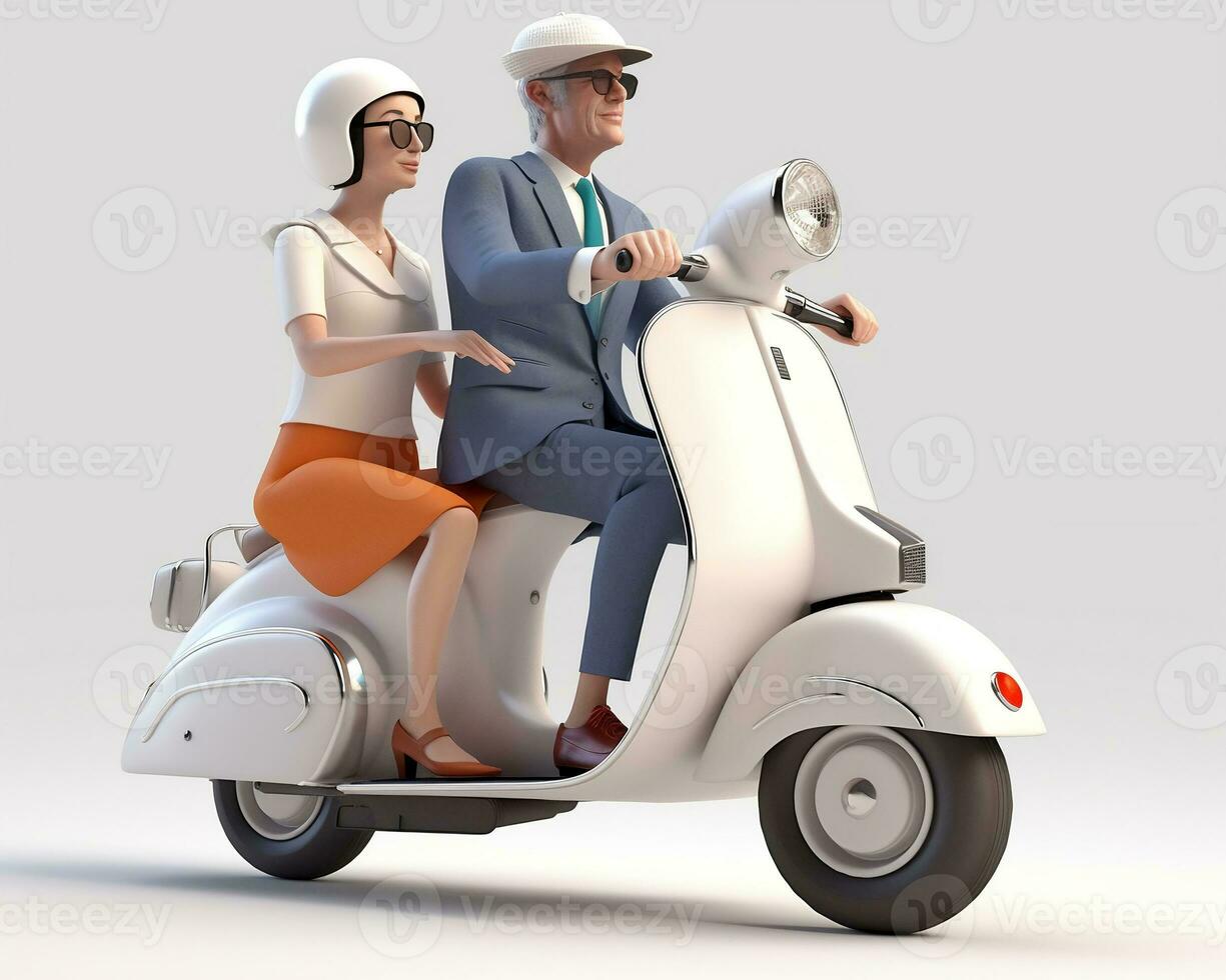a couple driving a classic white scooter motorbike isolated white background. Generate Ai photo