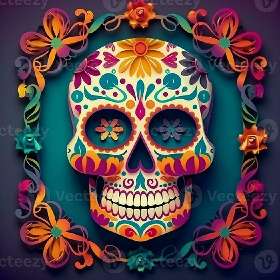 Cinco de Mayo sugar skulls illustration surrounder the flowers frame. Generate Ai photo