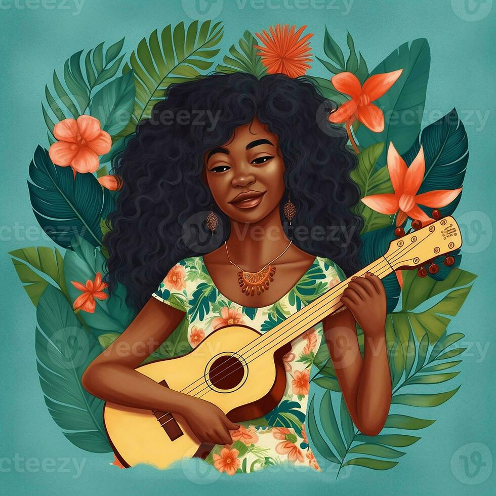 un africano mujer jugando ukelele rodeado por flor. generar ai foto