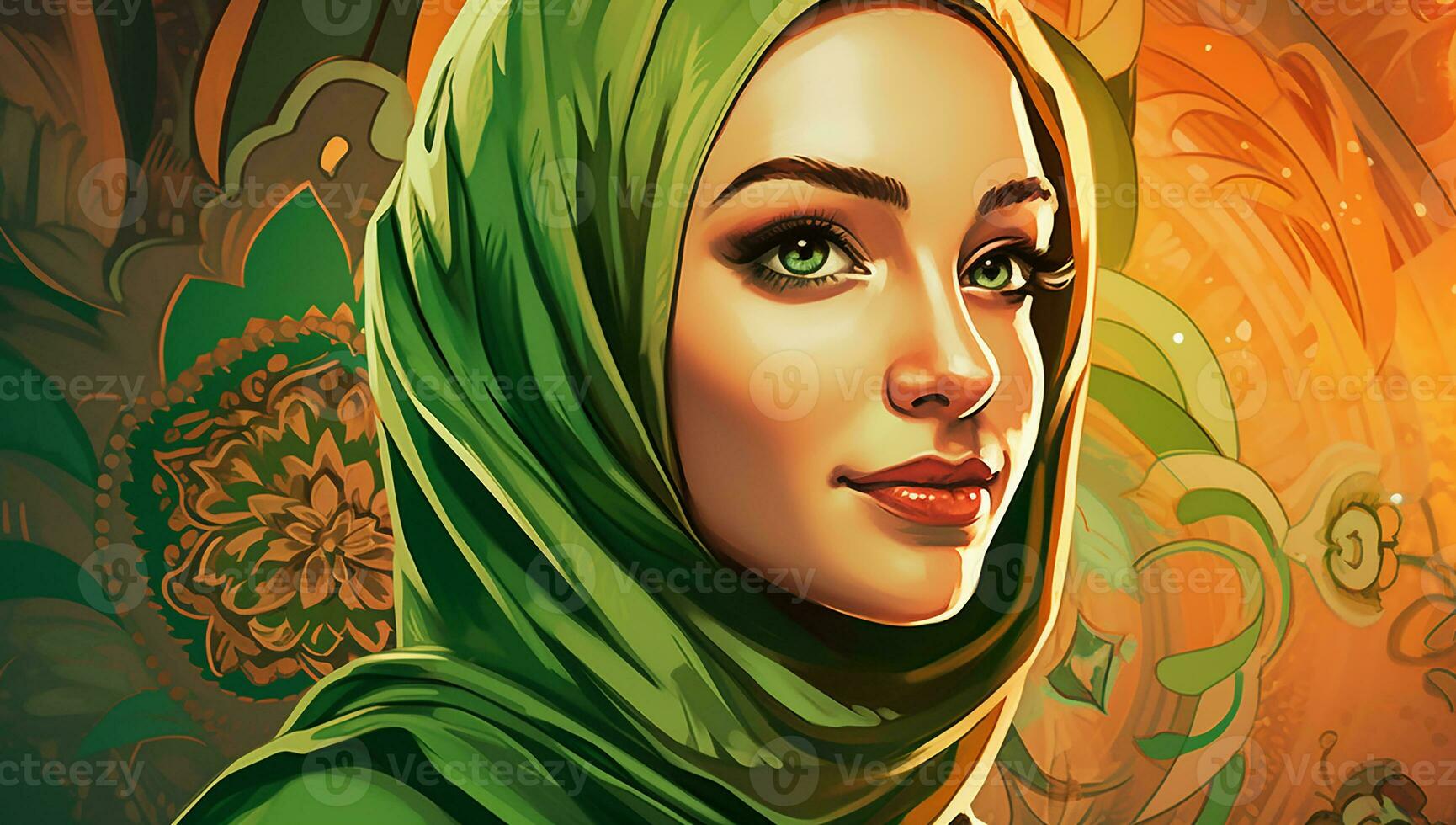A close-up Muslim women wearing a green hijab Ramadan kareem. Generate Ai photo