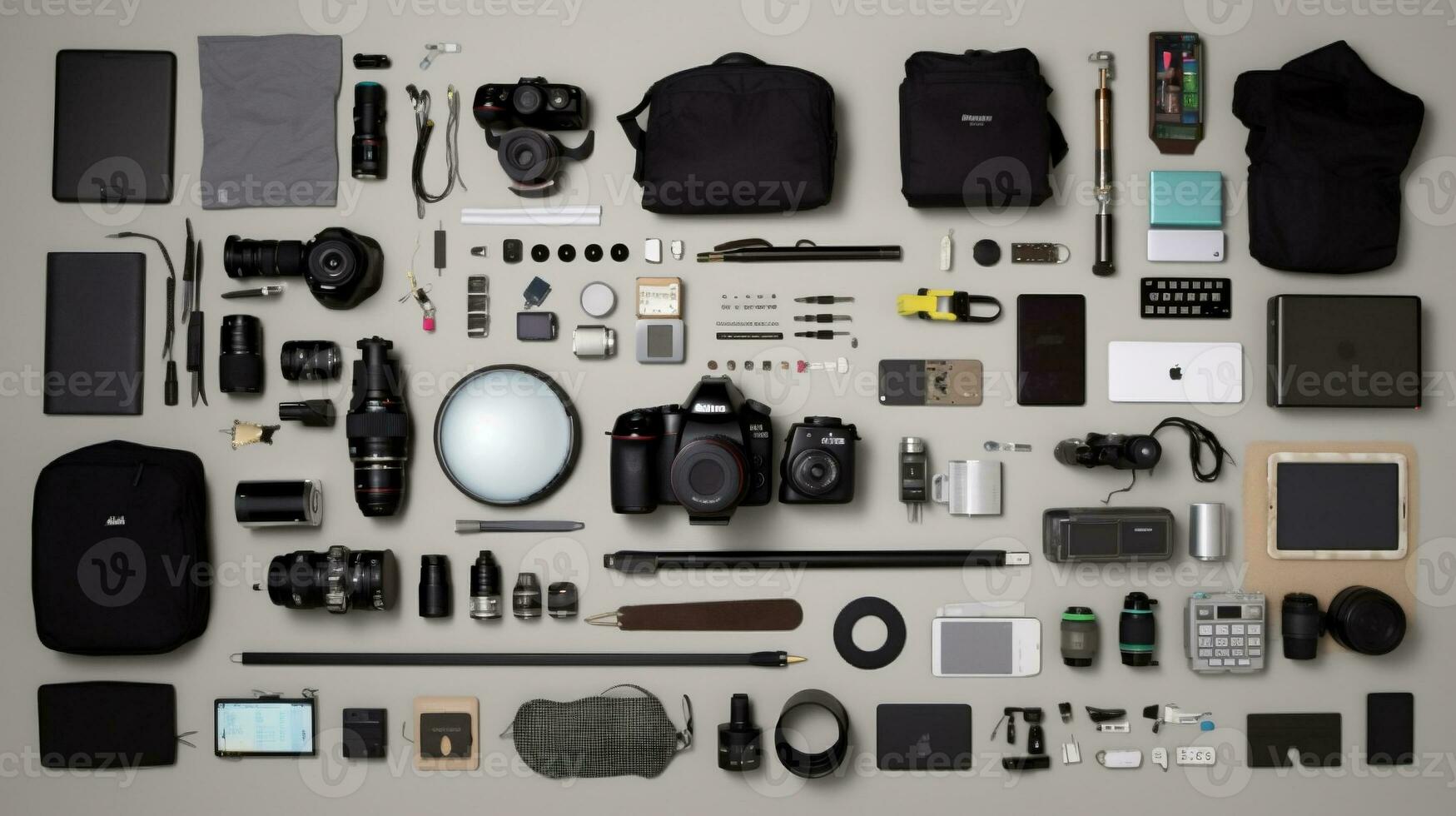 the top view of the photographer's gear tools assets. Generate Ai photo