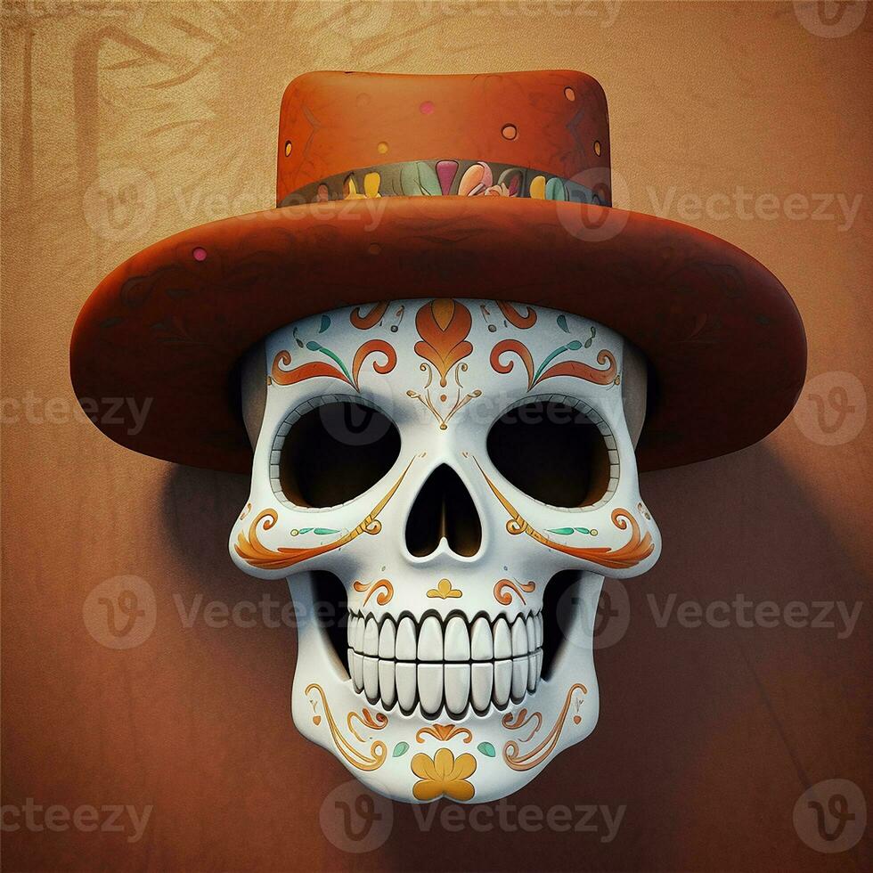 cinco Delaware mayonesa azúcar calaveras con un marrón vaquero sombrero. generar ai foto