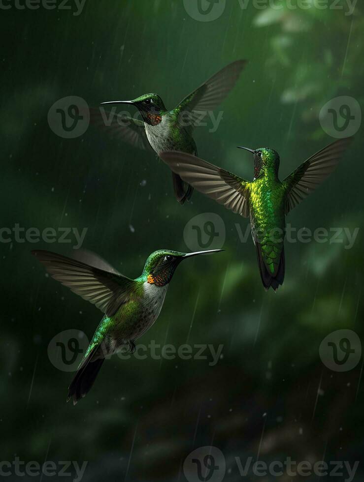three hummingbirds flying, Generate Ai photo