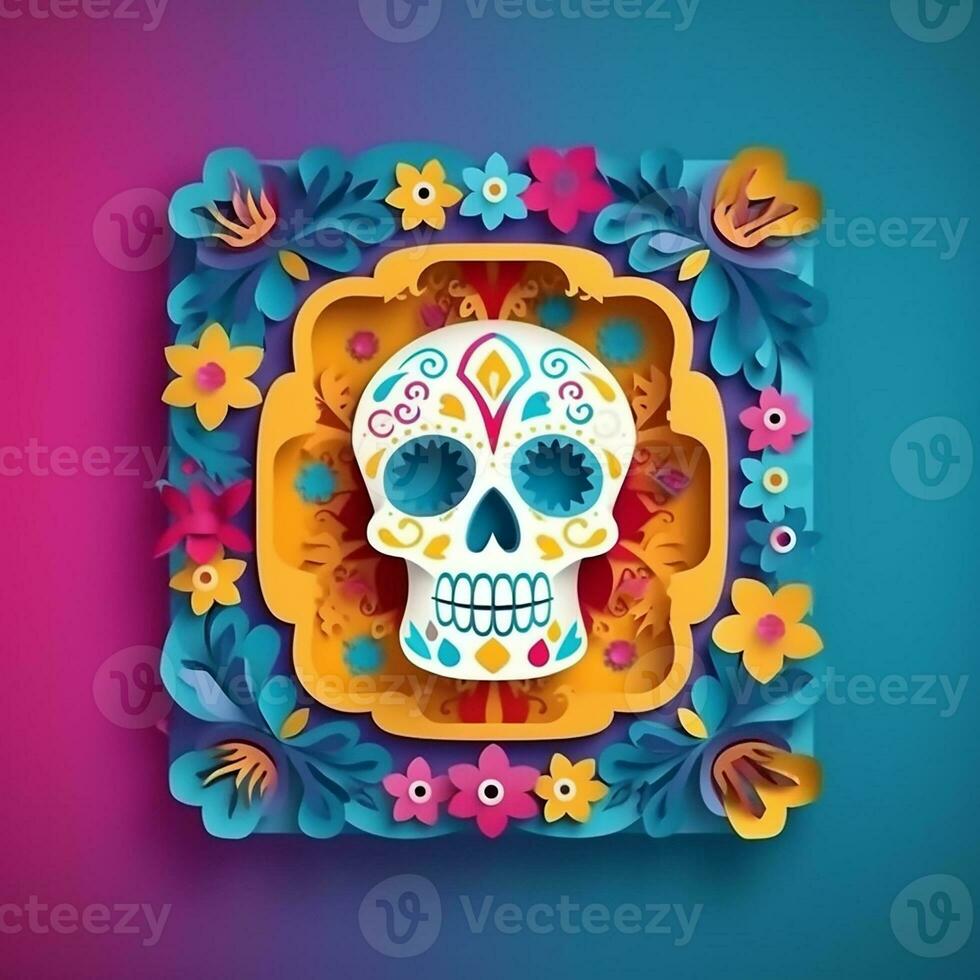 Cinco de Mayo sugar skulls illustration on the flowers frame. Generate Ai photo