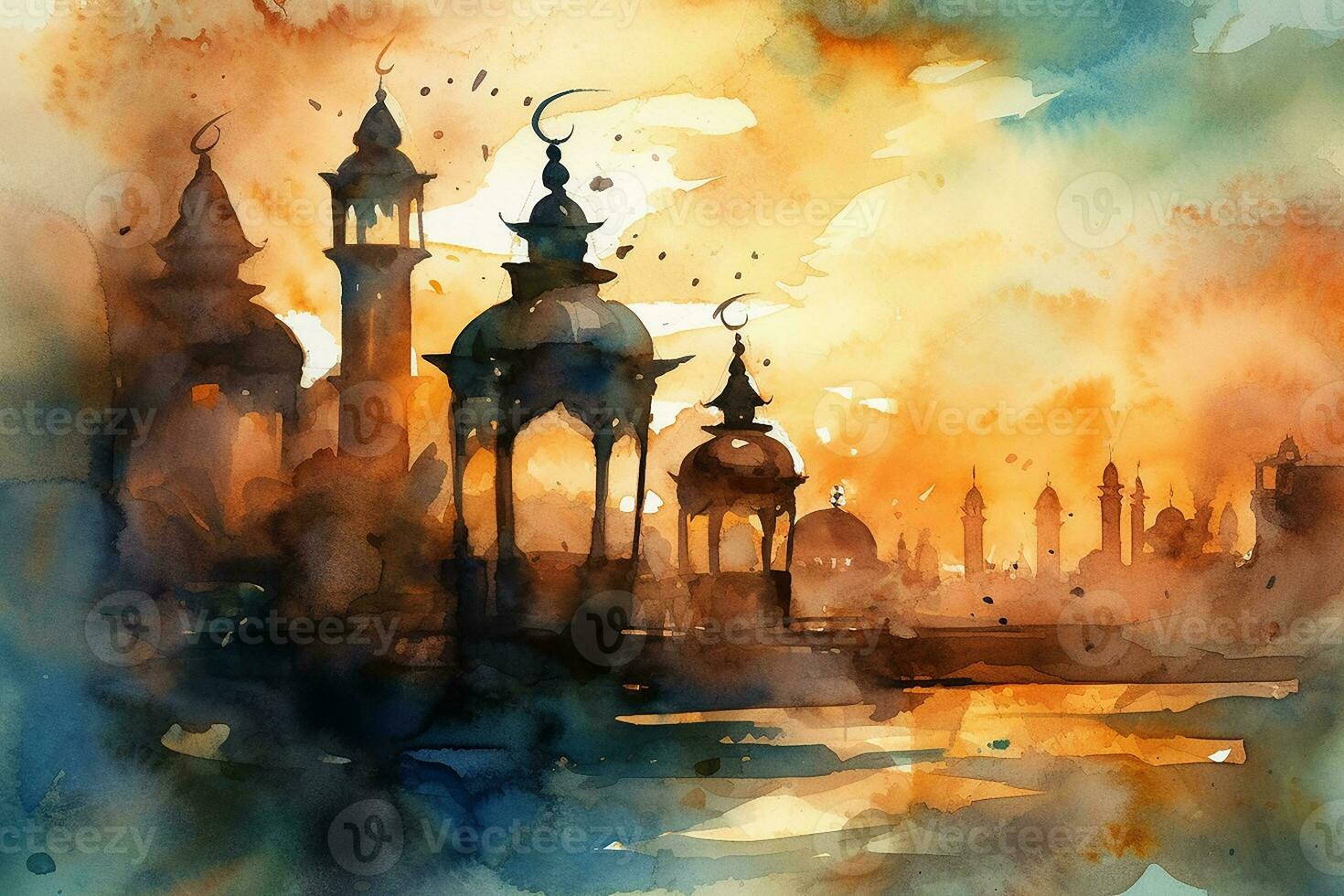a watercolor painting of a mosque. Generate Ai photo
