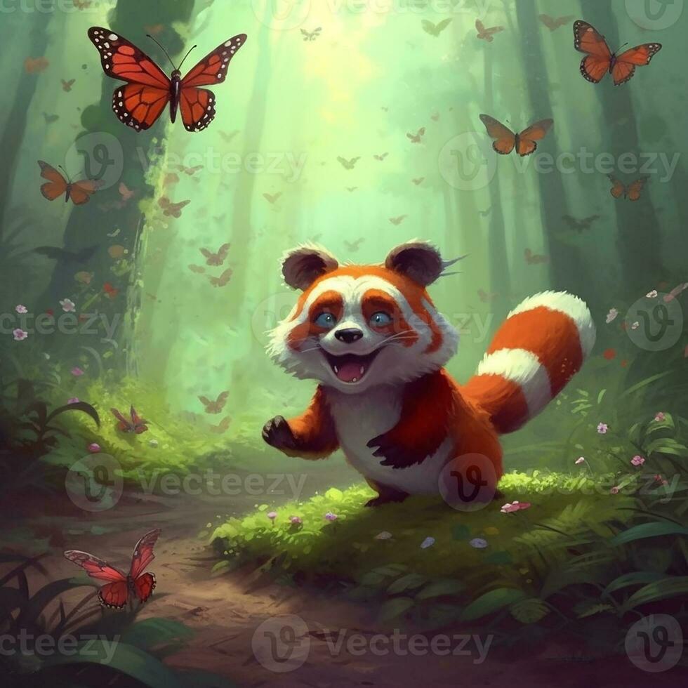 The happy red panda in the jungle around the butterfly. Generate Ai photo