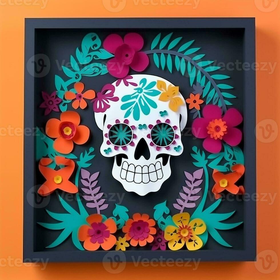 Cinco de Mayo sugar skulls surrounder the flowers and leaves inside the photo frame. Generate Ai