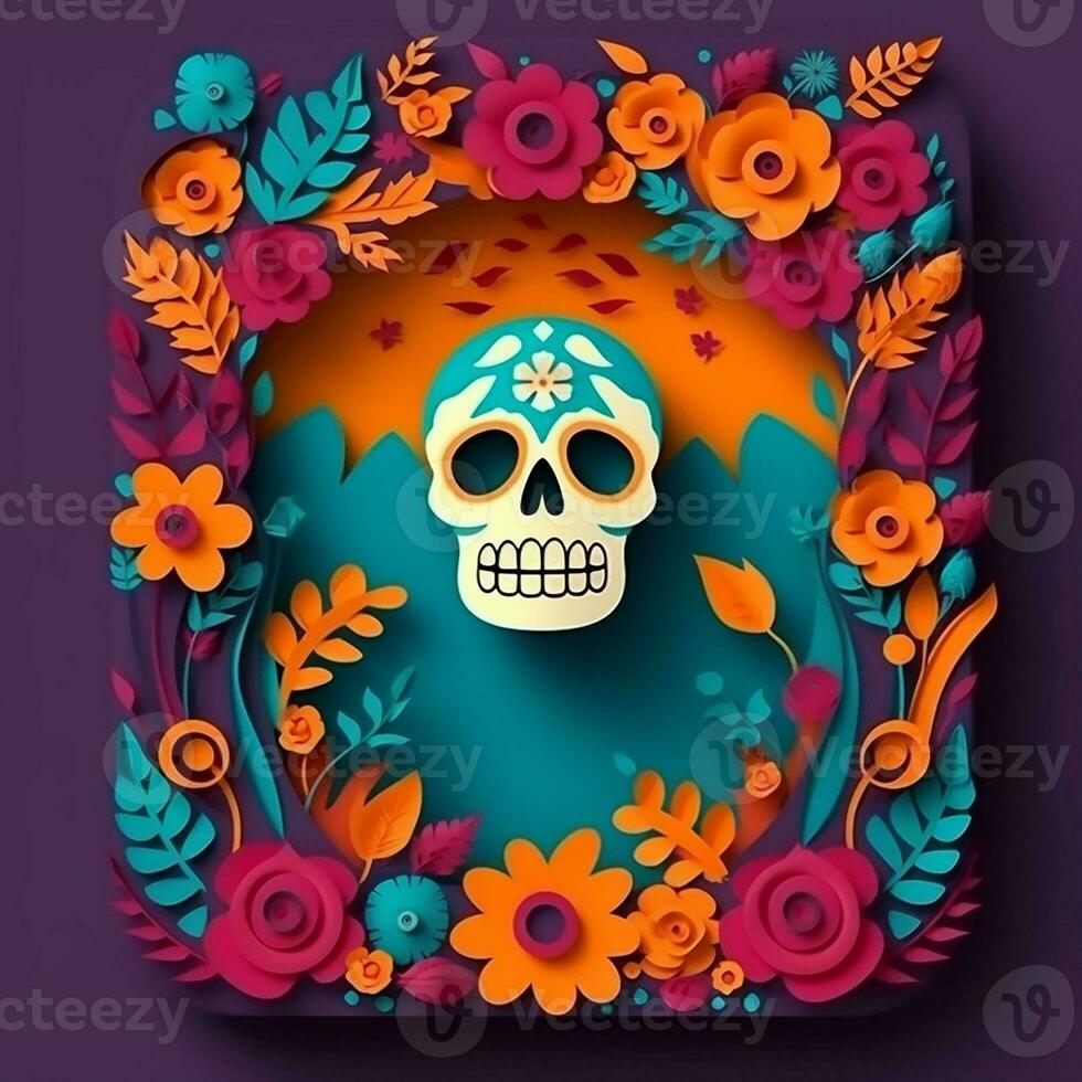 Cinco de Mayo small sugar skulls illustration inside the flowers frame. Generate Ai photo