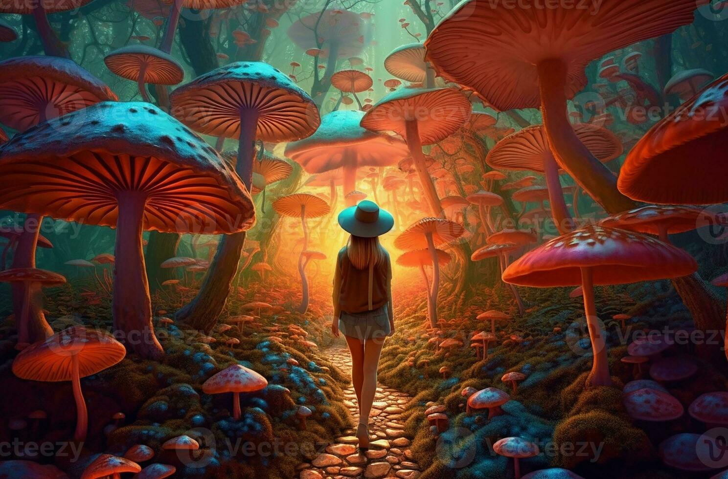 a woman exploring the mushroom forest alone with a backpack. Generate Ai photo