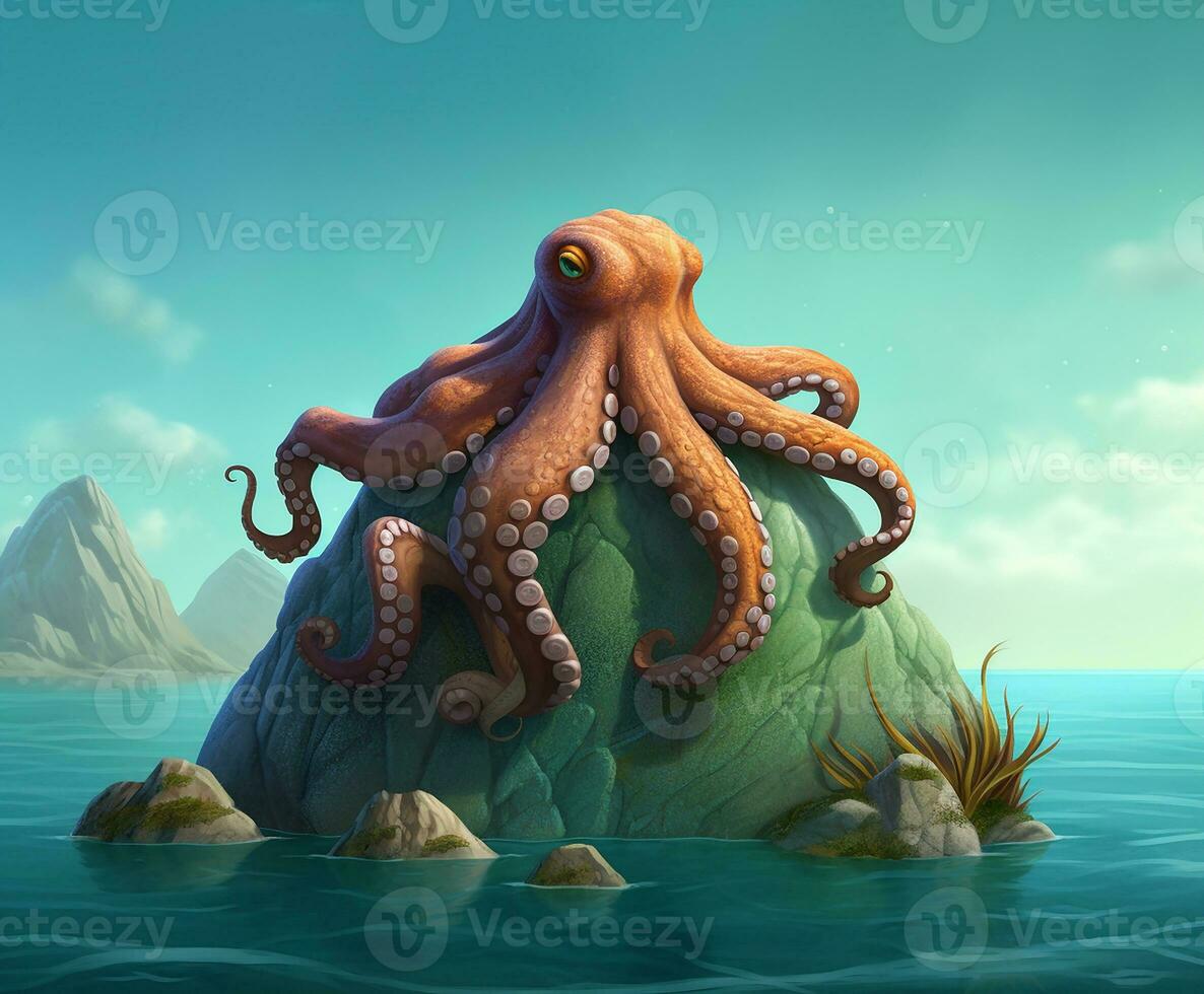 gigante pulpo en el verde rock ilustración foto