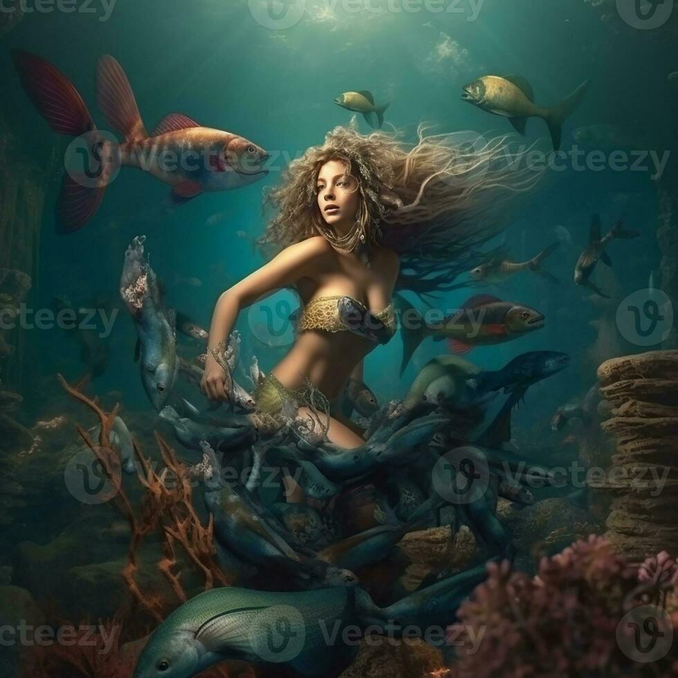 a beauty mermaid look at the sea animal. Generate Ai photo