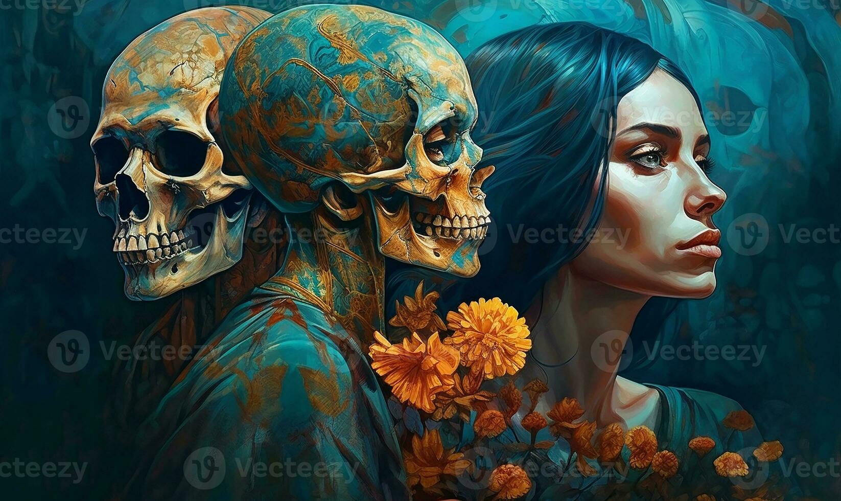 a beautiful Mexican woman between the Cinco de Mayo sugar skulls. Generate Ai photo