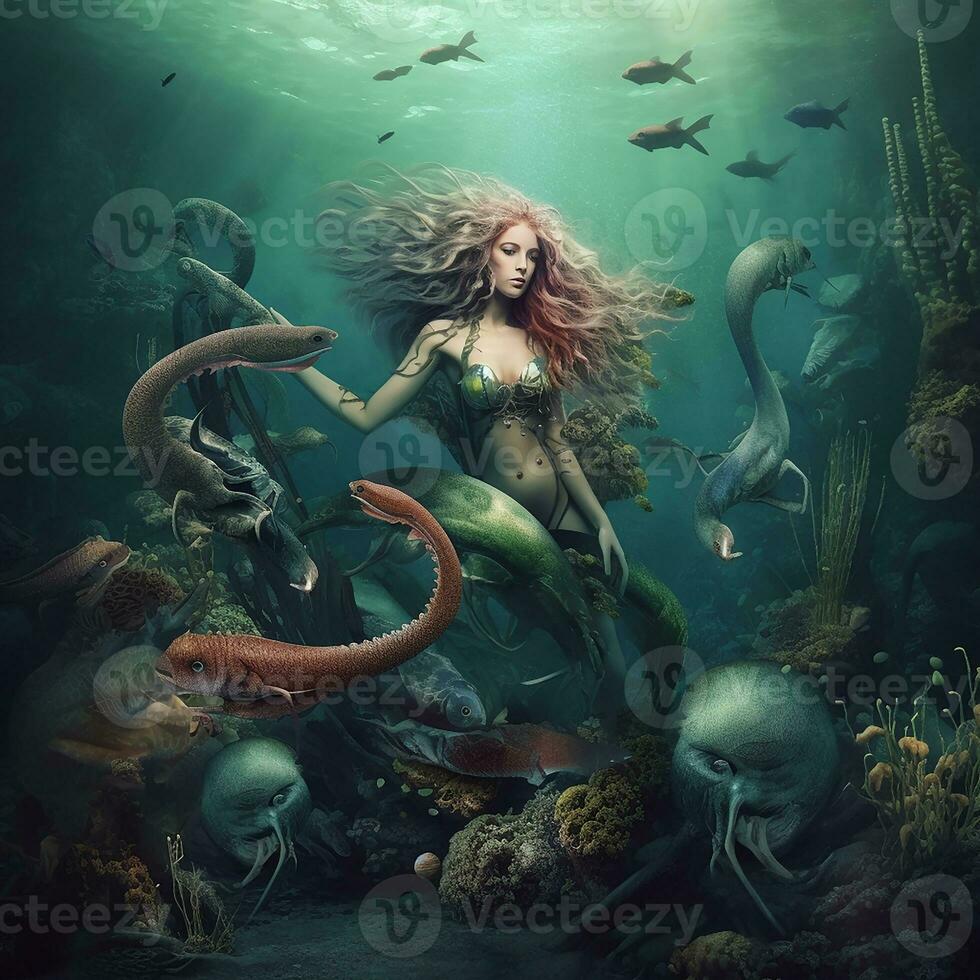 a beautiful mermaid under the sea with a confused face. Generate Ai photo