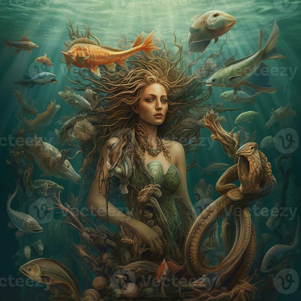 a beauty mermaid with a sad face around the sea animal photo