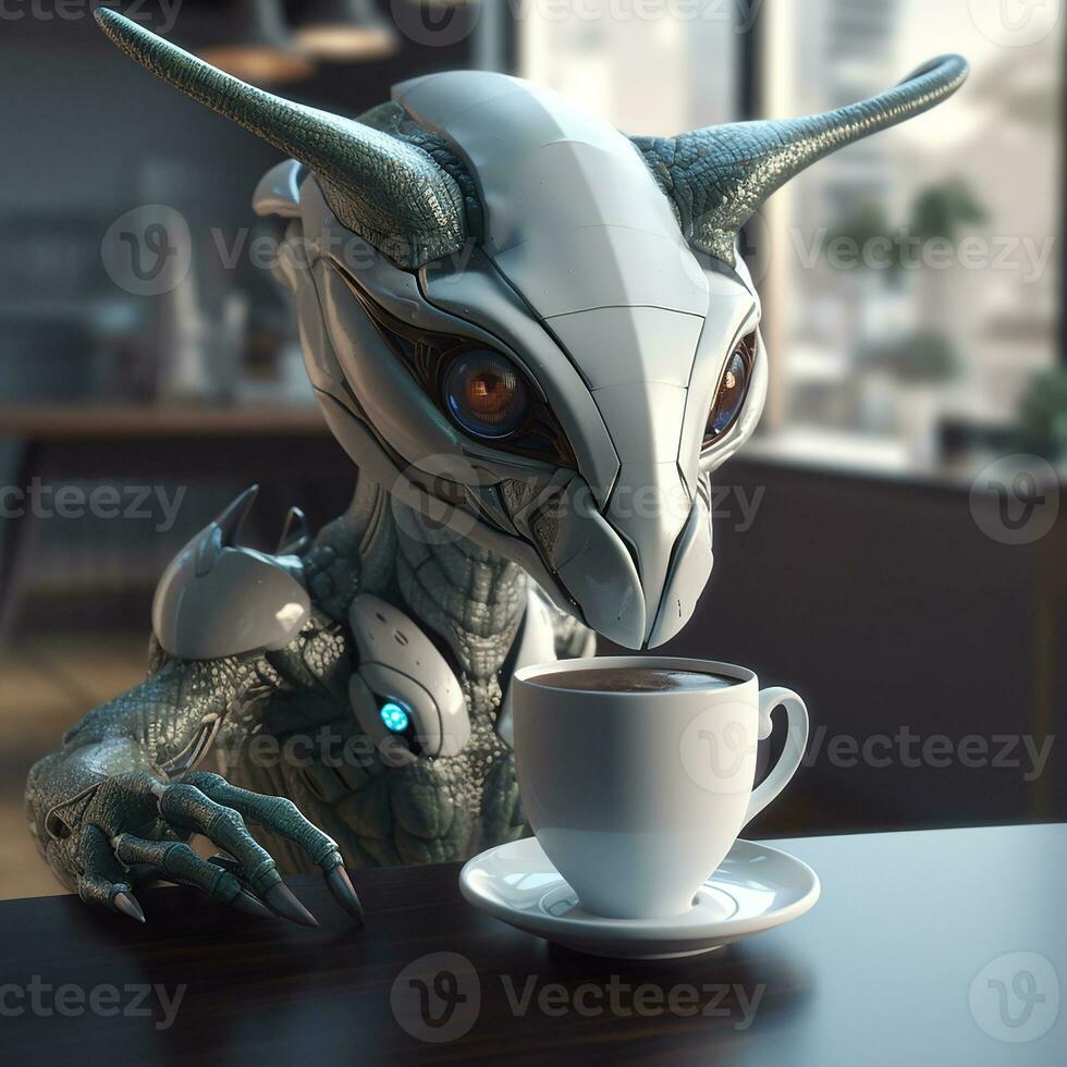 un extraterrestre robot Bebiendo un café foto