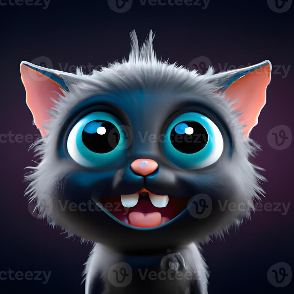 Black cartoon happy kitten smiling isolated on white background, photo