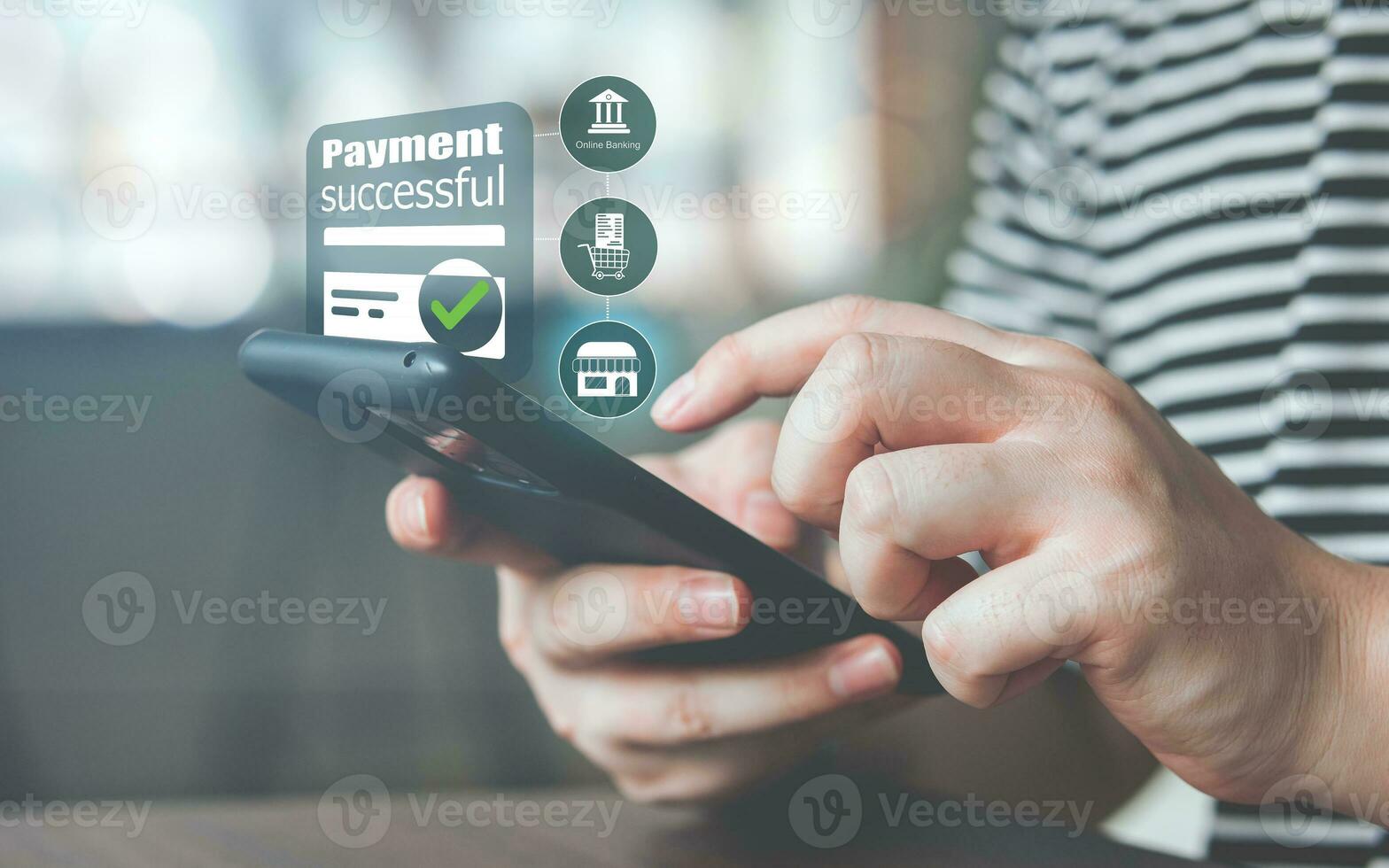 en línea financiero actas y exitoso pago. de cerca ver de mano utilizando teléfono inteligente para pago de en línea compras transacción por pago mediante en línea bancario. foto