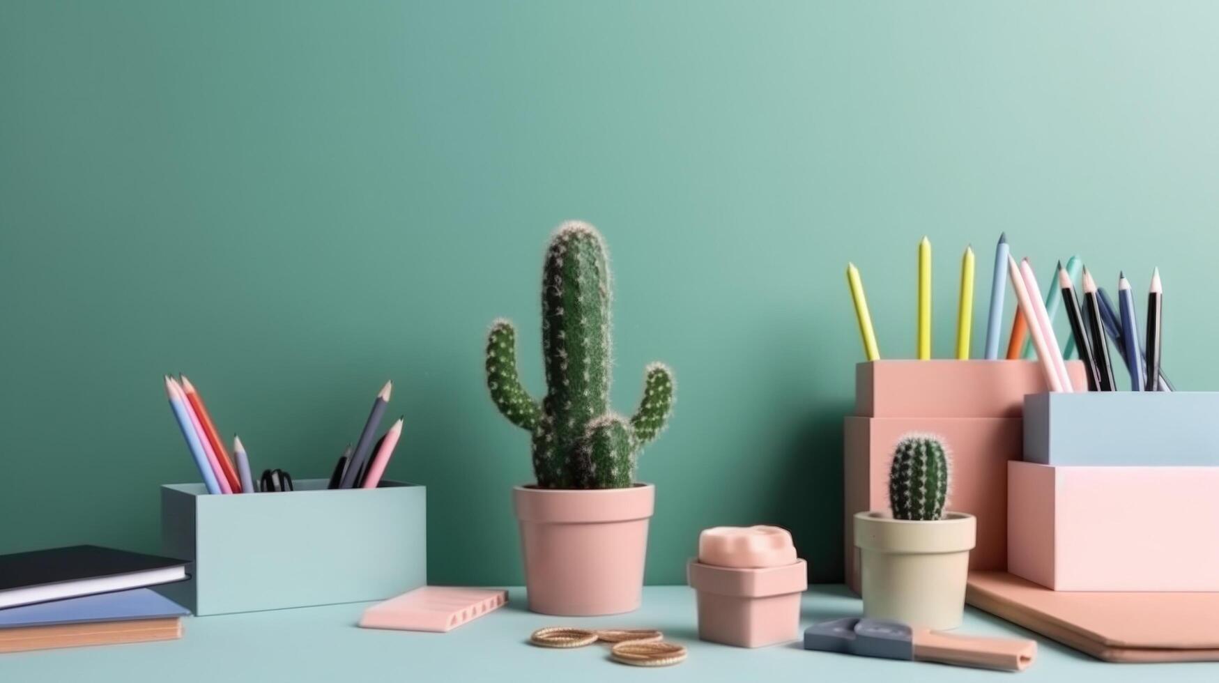 Kids desk creative workspace with school supplies, cactus Illustration photo