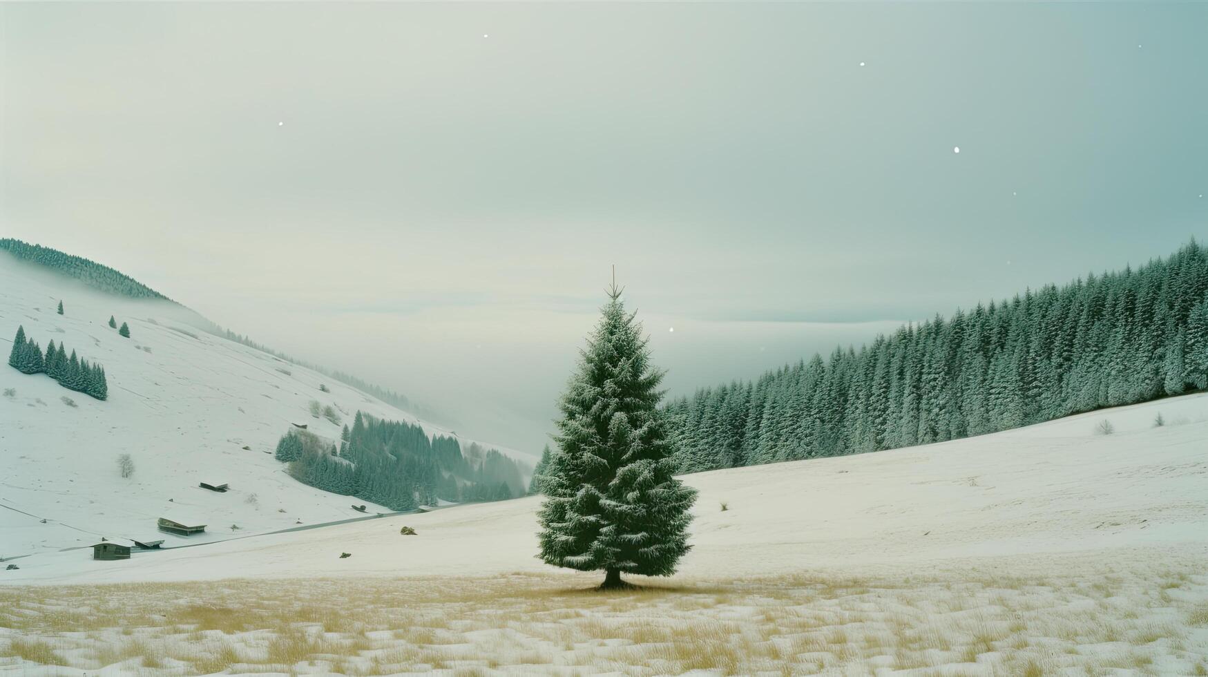Christmas tree in mountain background. Illustration photo