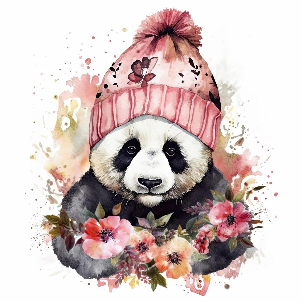 Watercolor panda in hat with flowers. Illustration photo