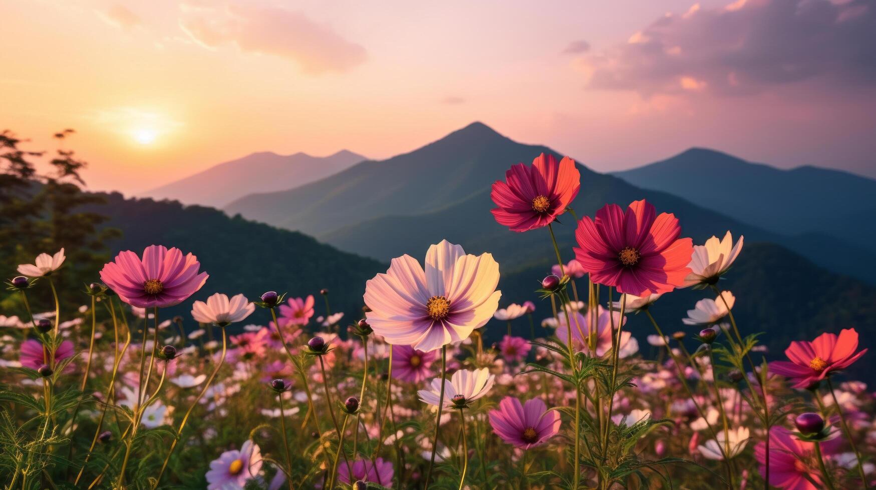 montaña con cosmos floreciente. ilustración ai generativo foto