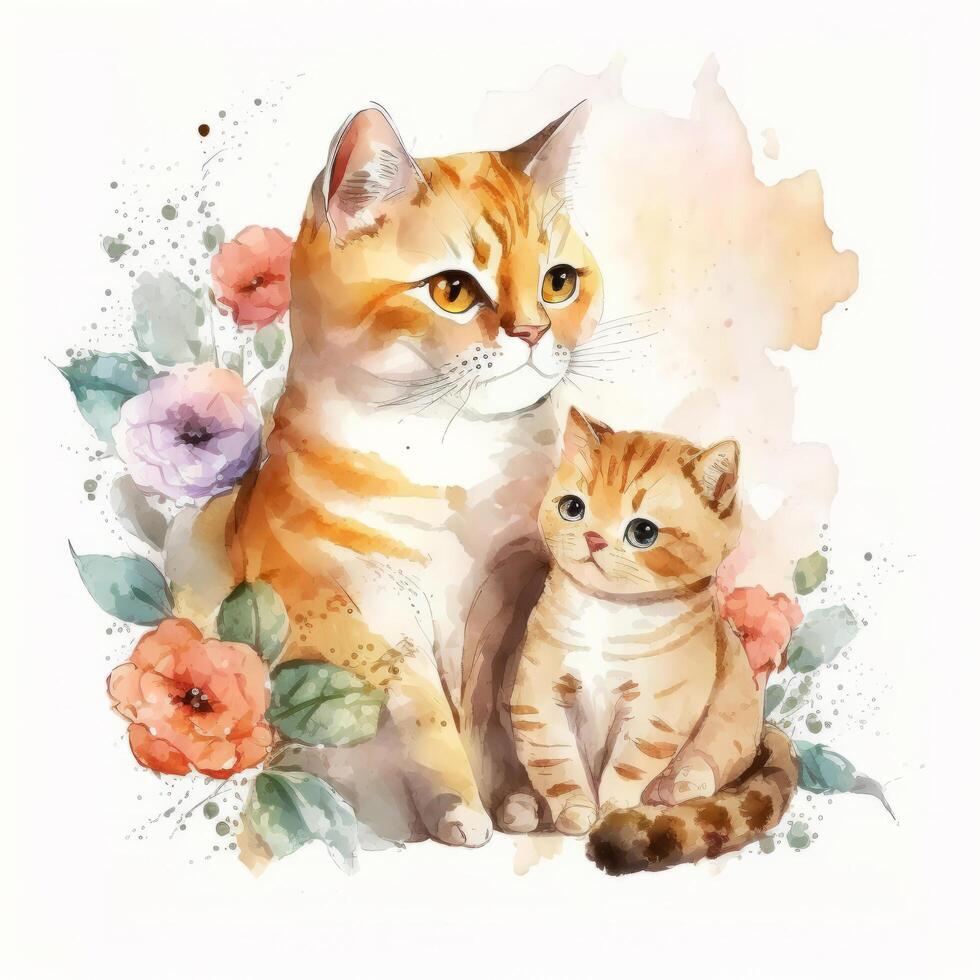 Cute cat with baby watercolor. Illustration photo