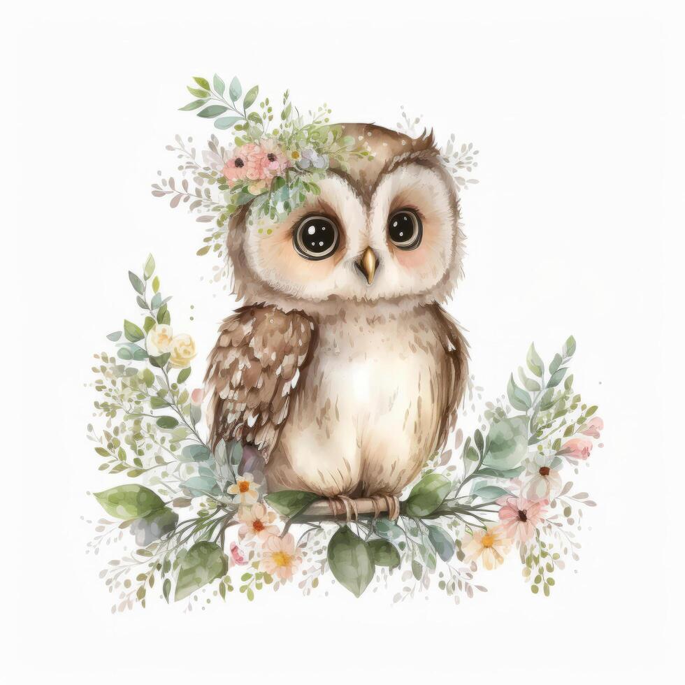 Cute watercolor baby owl. Illustration photo