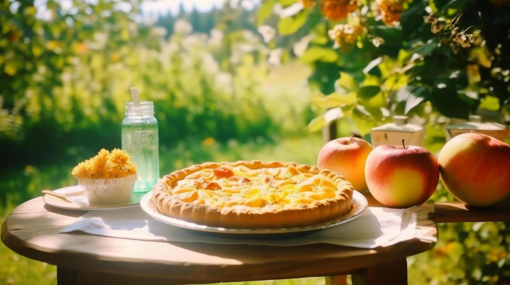 Apple pie in apple garden. Illustration photo