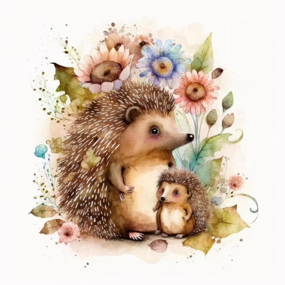 Cute little hedgehog with mom. Watercolor painting. Illustration photo