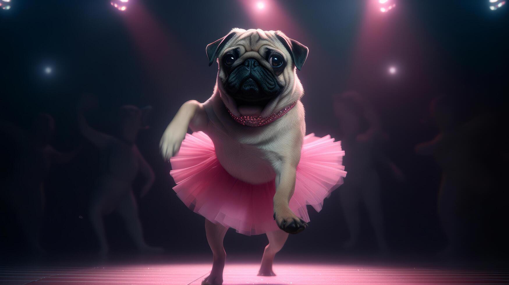 Pug Dod in a light pink ballet skirt is dancing like a ballerina, Illustration photo