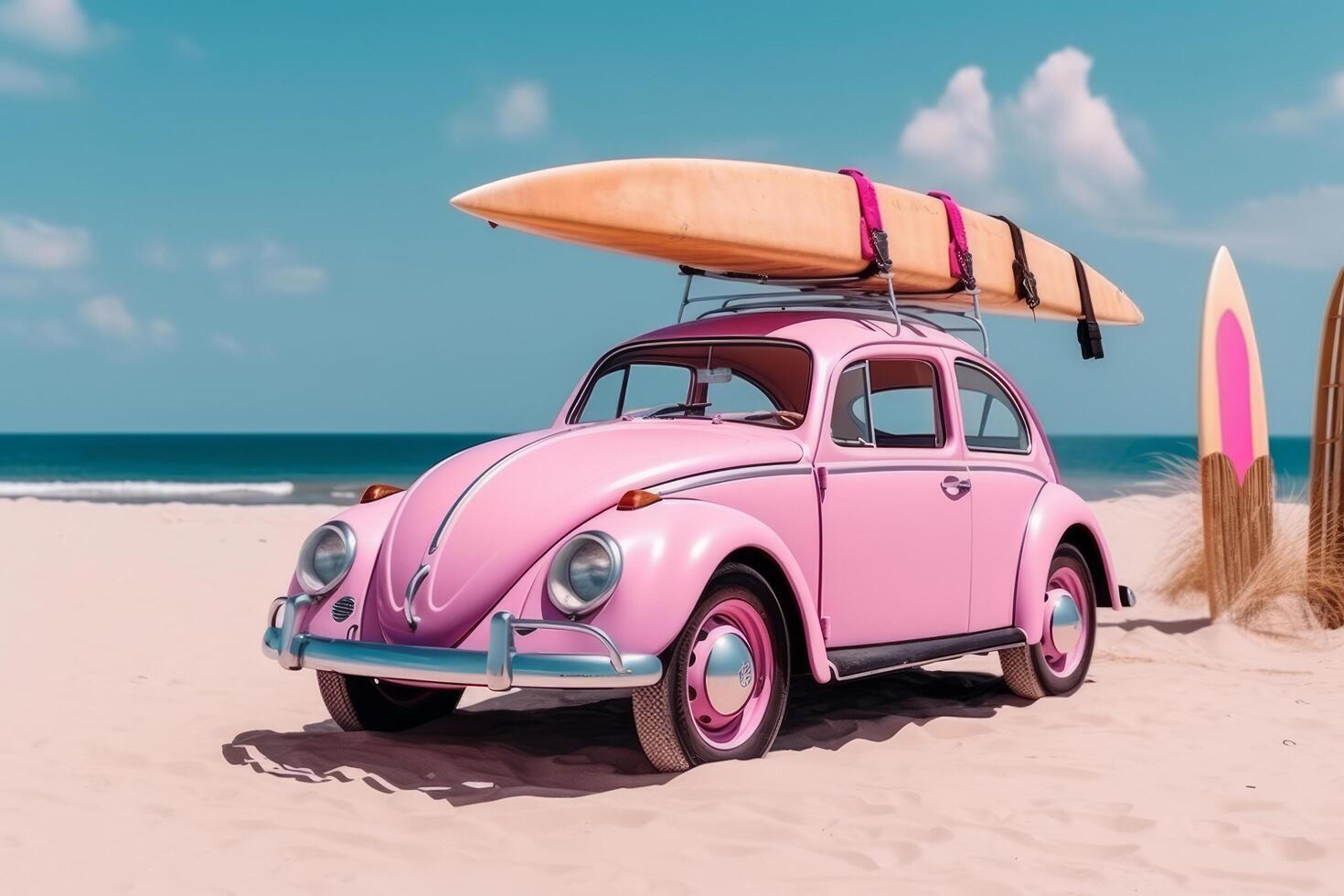 Pink car with surfboard. Illustration photo