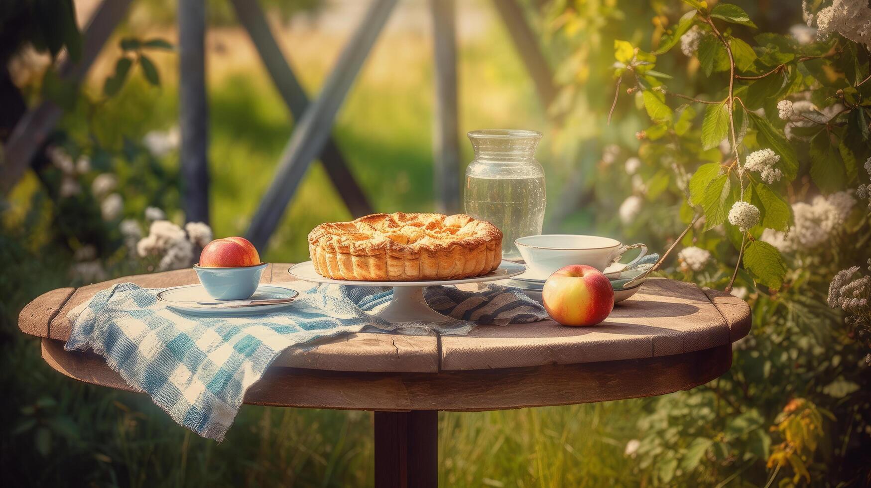 Apple pie in apple garden. Illustration photo