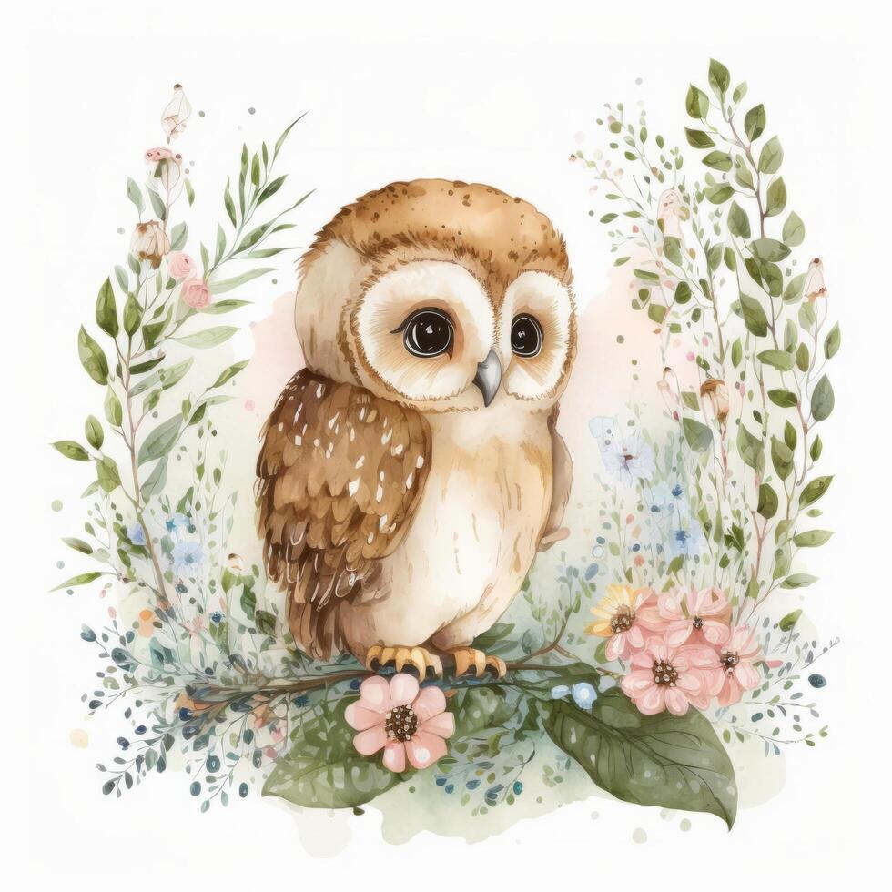 Cute watercolor baby owl. Illustration photo