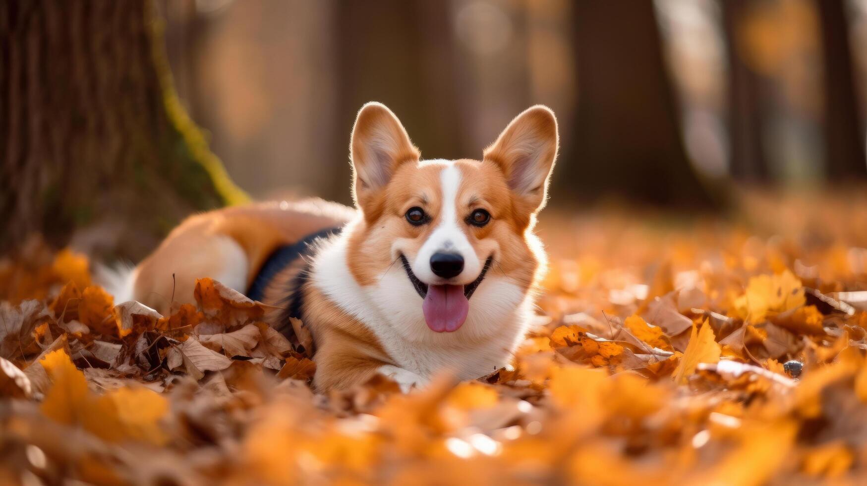 Corgi in autumn forest. Illustration photo