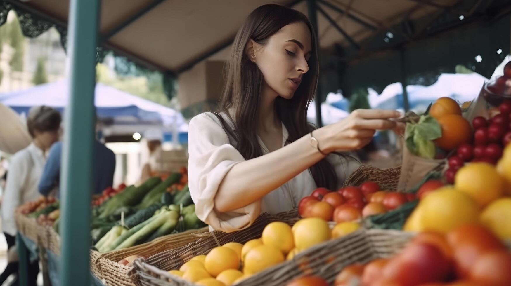 un mujer elige frutas y vegetales a un agricultores' mercado. ilustración ai generativo foto