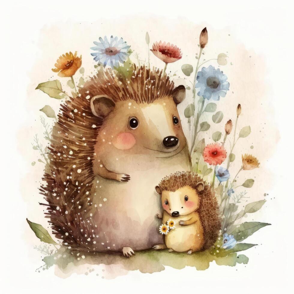 Cute little hedgehog with mom. Watercolor painting. Illustration photo