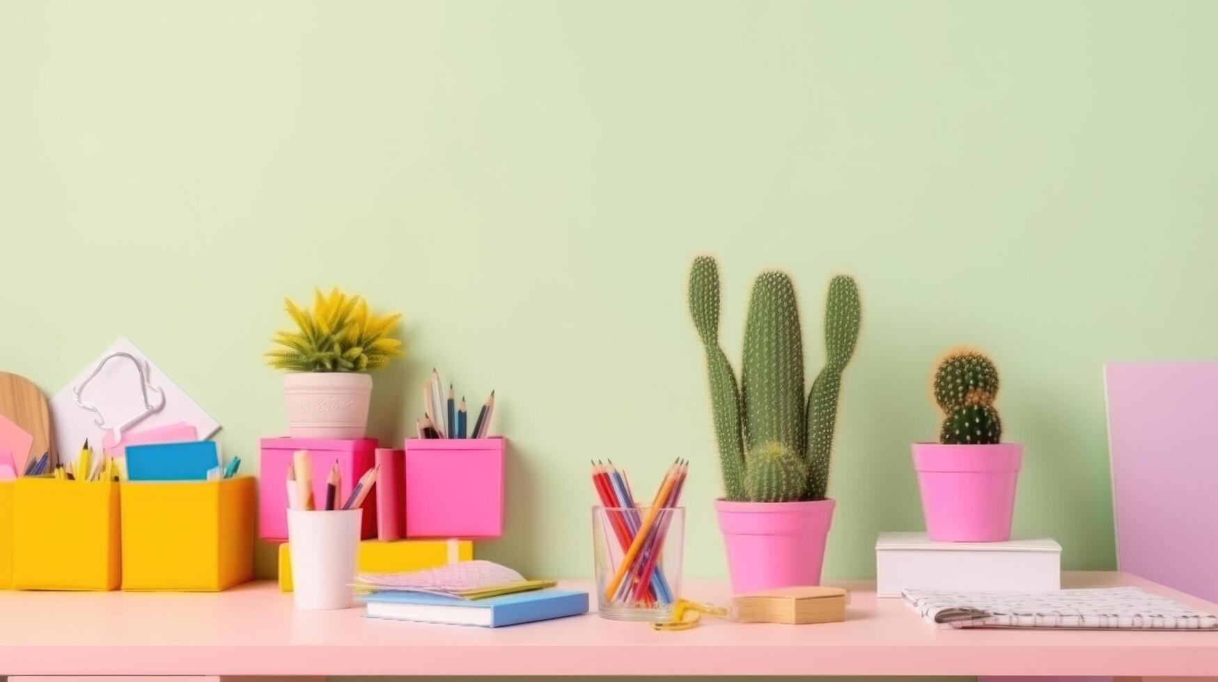 Kids desk creative workspace with school supplies, cactus Illustration photo
