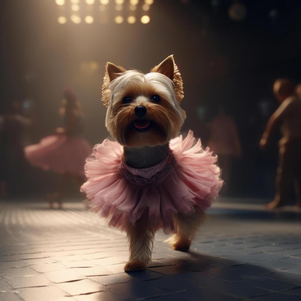 Yorkshire terrier perro en un ligero rosado ballet falda es bailando me gusta un bailarina,, ilustración ai generativo foto