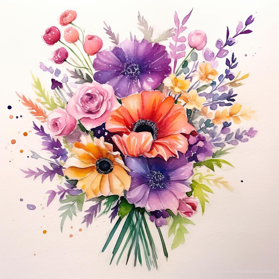 Watercolor flowe bouquet. Illustration photo