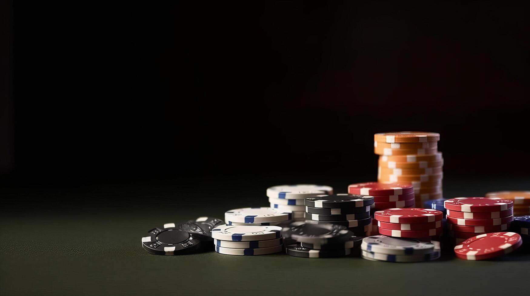 Closeup of poker chips on green felt card table Illustration photo