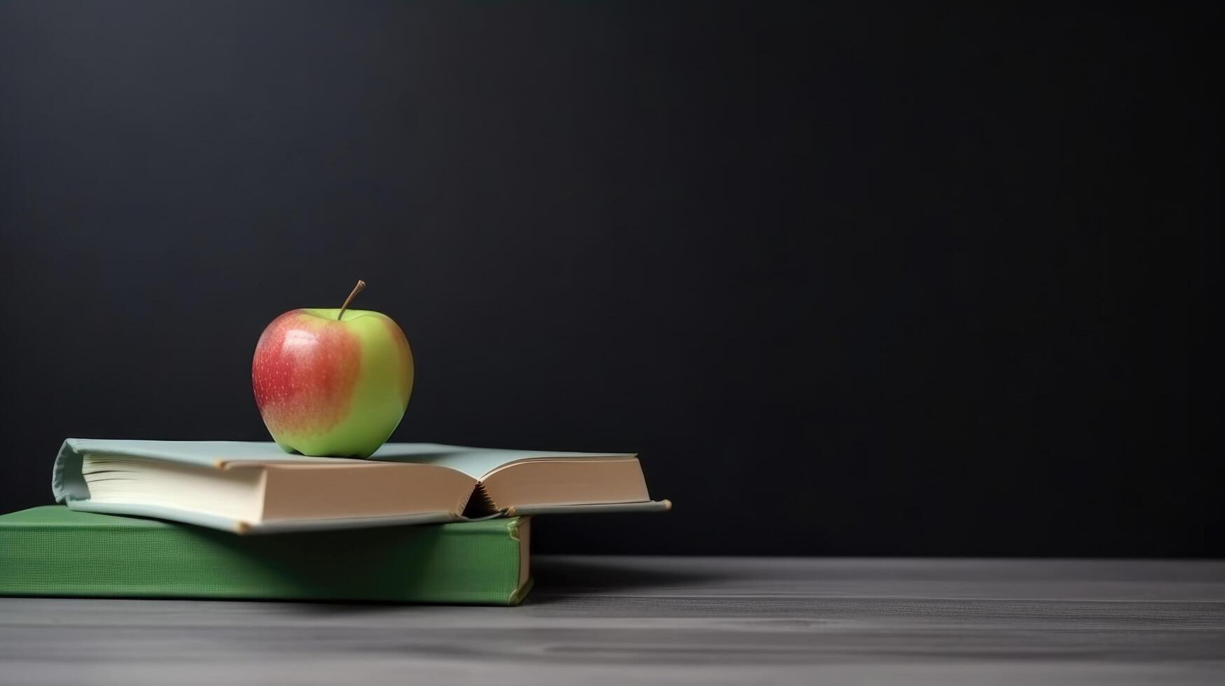 espalda a colegio antecedentes con libros y manzana. ilustración ai generativo foto