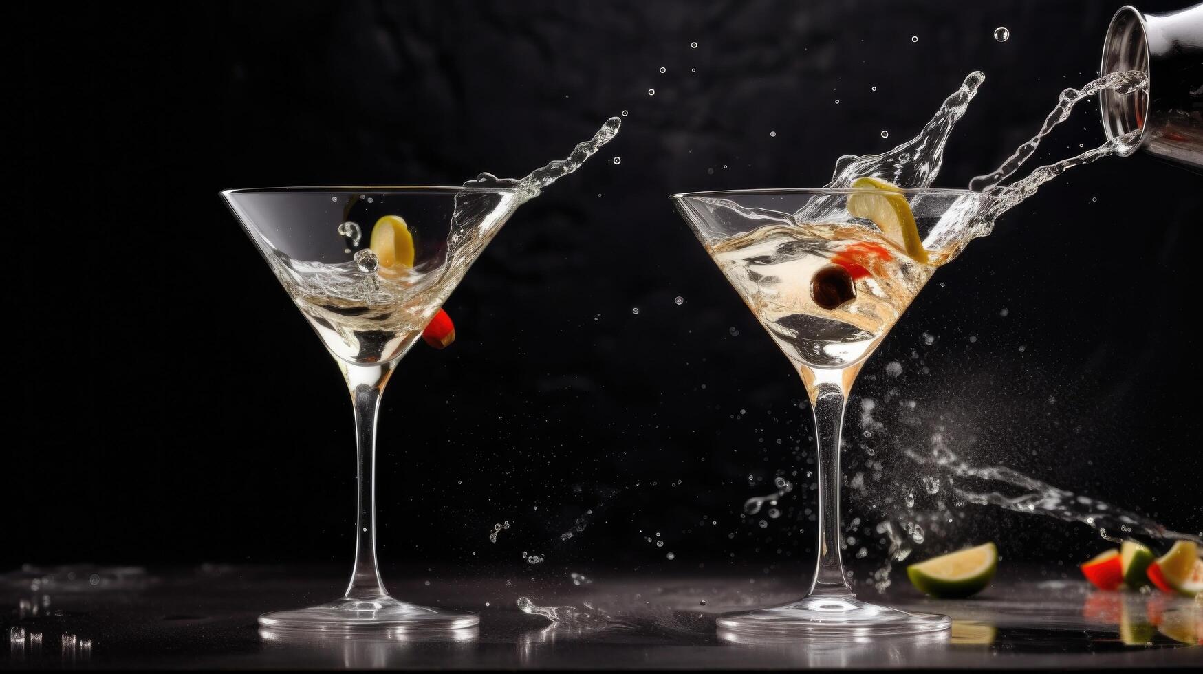 Closeup of splashing martini cocktails Illustration photo